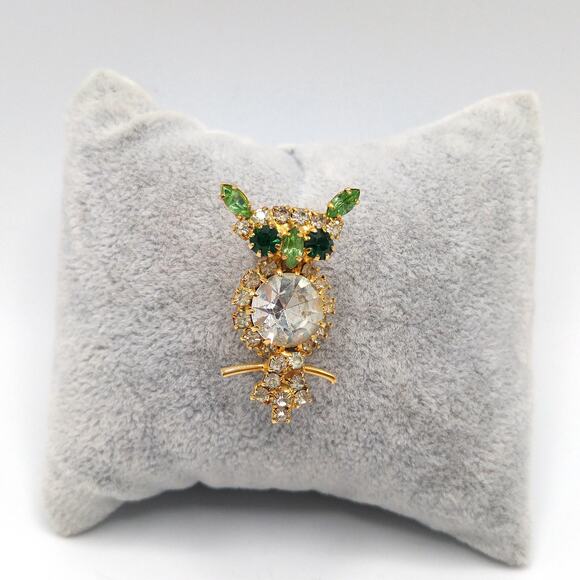 Vintage Green Rhinestone Owl Brooch, Uranium Glass Ears Nose, Gold Plated - Picture 10 of 10